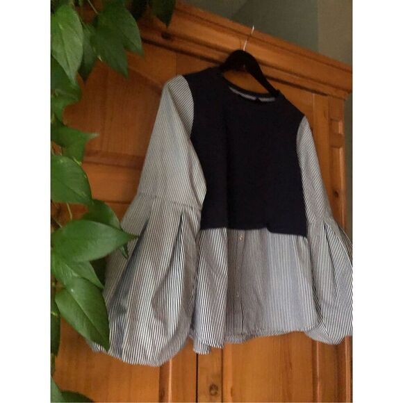 Halogen  Blouse Long Bell Sleeves  Navy Blue Striped Size S - Picture 3 of 13